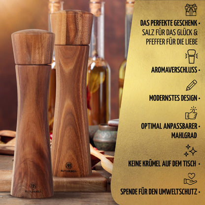 BUTLERBELL® Salt and Pepper Mill Set with Coasters in Luxury Gift Box, perfect as a wedding gift | Wedding presents for the couple | Housewarming gift