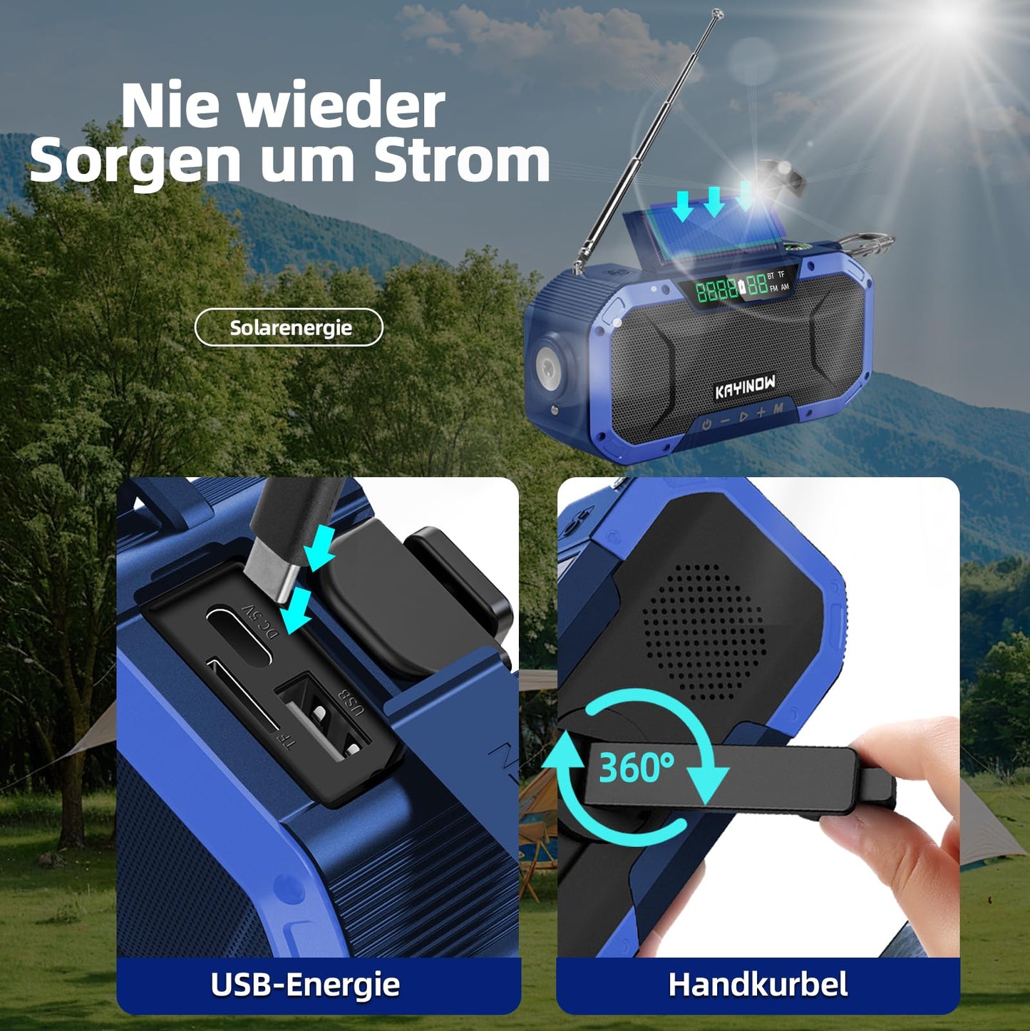 Solar crank radio with Bluetooth speaker, phone charging function, and bike mount. IPX5 waterproof and portable. Emergency AM/FM radio with 5000mAh battery. Perfect for camping and outdoor activities with built-in flashlight and SOS feature.