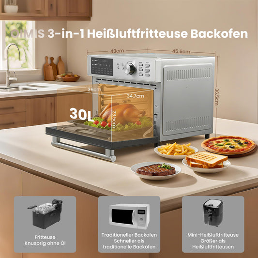 OIMIS Air Fryer XXL 30L 1800W, mini oven with convection, 21 in 1 electric pizza oven with timer, 7 accessories, cookbook, Dual Cook, Airfryer, grilling, baking, Stainless steel.