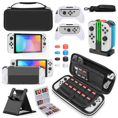 Accessory compatible with Nintendo Switch OLED model, carrying case, dock charger for controllers, adjustable game stand, screen protector, protective case, game cartridge.