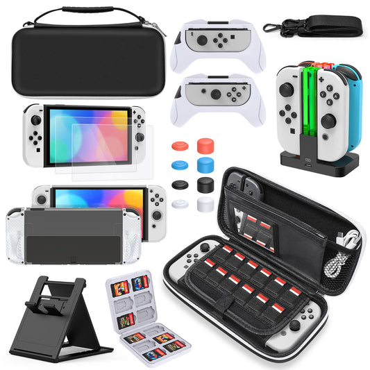 Accessory compatible with Nintendo Switch OLED model, carrying case, dock charger for controllers, adjustable game stand, screen protector, protective case, game cartridge.