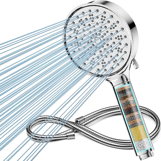 Filtered shower head with hose, Cobbe high pressure shower head with 6 spray modes, water-saving shower head with hose, handheld shower head with filter against hard water, chlorine.