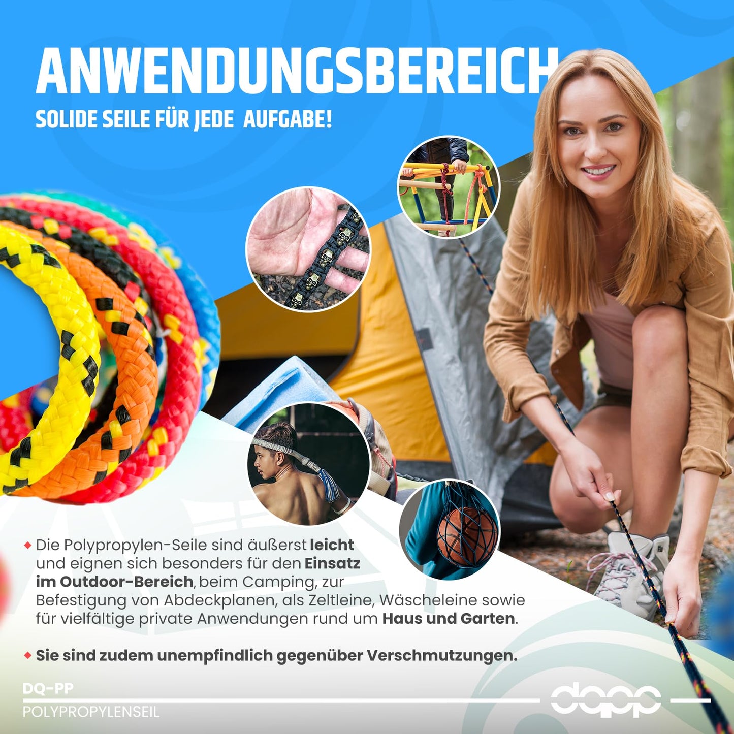 100m yellow 8mm polypropylene rope with a load capacity of up to 750kg. Braided textile cord made of plastic for various uses.