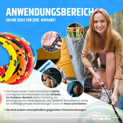 100m yellow 8mm polypropylene rope with a load capacity of up to 750kg. Braided textile cord made of plastic for various uses.