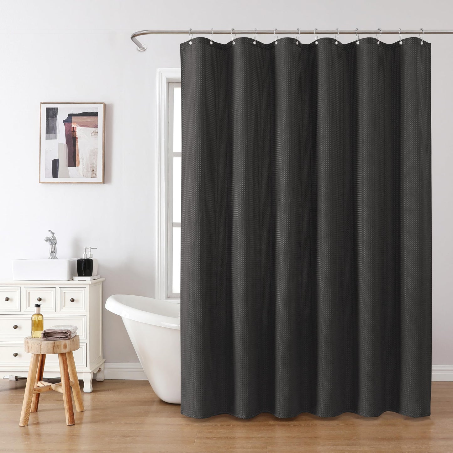 Waffle shower curtain with metal shower curtain rings fabric textile bathtub curtain anti mold bath curtain set waterproof bath curtain heavy shower curtain bathroom - 182 x 214cm (black)