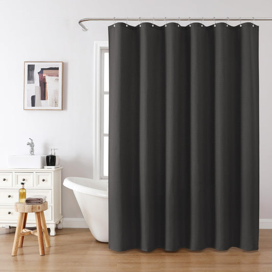 Waffle shower curtain with metal shower curtain rings fabric textile bathtub curtain anti mold bath curtain set waterproof bath curtain heavy shower curtain bathroom - 182 x 214cm (black)