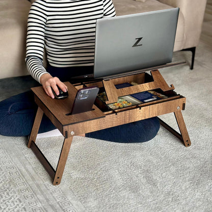 Vigo Wood Laptop Table, wooden laptop stand for bed, adjustable laptop desk and knee tray with built-in storage space, ergonomic design for reading, working
