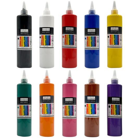 Acrylic paint set. 10 colors, each 500ml. Opaque painting colors for canvas, pouring, paper, wood, stone, fabric, leather, metal, ceramic. All-purpose paint set (10 x 500 ml)