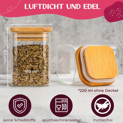 Happy Lemuro Spice Jars Square | 12-piece set | Glass storage containers 180 ml, 279 spice labels, pen, wooden lids. 6x6x8.5 cm, 12 spice containers | Jars for spice storage, spice storage