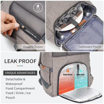 HappyPicnic insulated picnic backpack for 4 people with complete tableware set, spacious cooler compartment, bottle holders, and large waterproof picnic blanket.