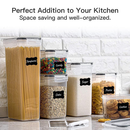 20-piece set of airtight food storage containers with plastic lids, perfect for storing spaghetti, flour, muesli, and cornflakes in the kitchen. Comes in various sizes ranging from 2.8L to 0.52L.