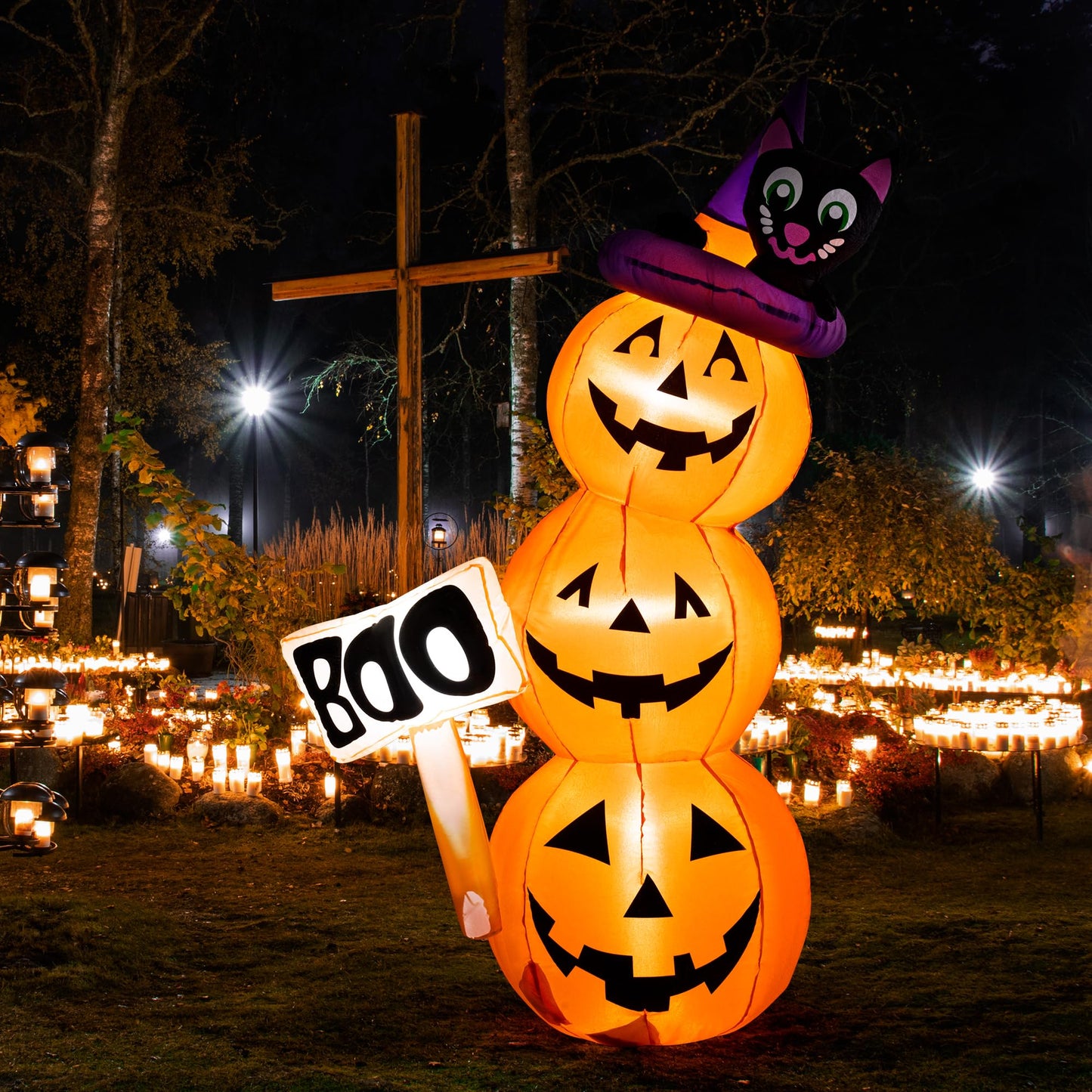 Solpex Halloween decoration, inflatable pumpkin and black cat decoration, 150cm/5FT stacked pumpkin with LED lighting for party, garden, lawn, yard decoration (orange & white)