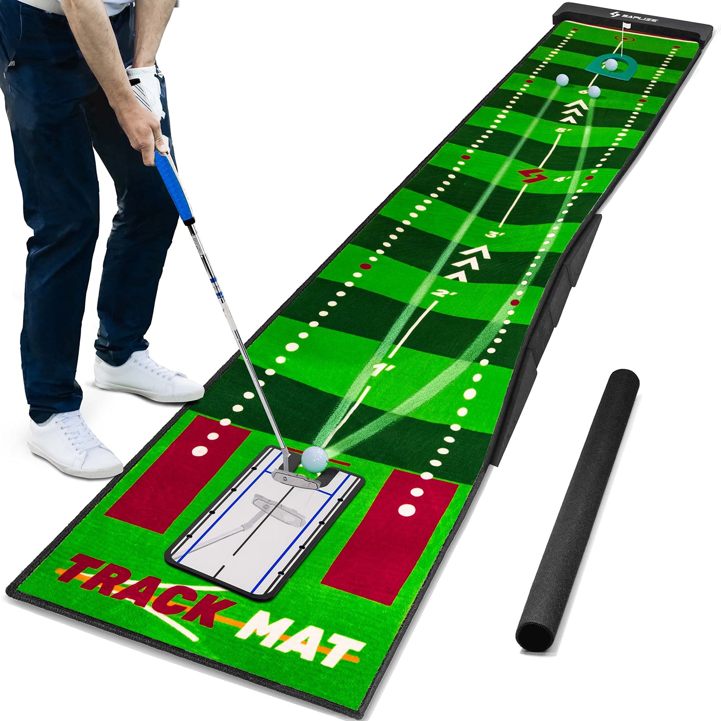 SAPLIZE Golf putting mat with visible ball traces, putting alignment mirror, 20 inches x 10 feet indoor putting mat for home office practice aid.