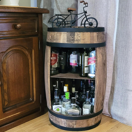 weeco wooden wine barrel bar in brown. Stylish home bar with exclusive wine barrel shelf. Height 80x50cm - Manufacturer. Vintage decorative bar furniture. Wine, whisky, beer, gin rack.