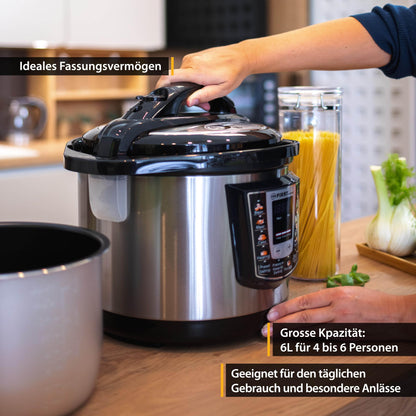 TZS First Austria - Electric Pressure Cooker 6L with 9 auto programs - Multicooker 1000W Multicooker as Rice Cooker, Steamer, Crock Pot etc. - Electric Multivarka Pressure Cooker including recipe book.