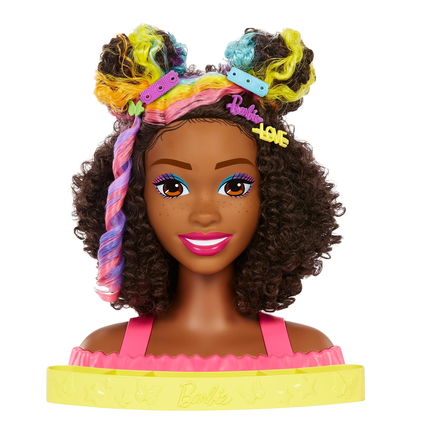 Barbie HMD79 - Barbie Deluxe Styling Head, Barbie Totally Hair, curly brown neon rainbow hair, doll head for hair styling, Color Reveal accessories, for ages 3+.