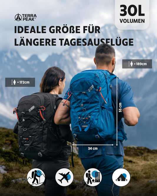 Terra Peak hiking backpack 30L men women adults blue small - Outdoor bike backpack touring backpack - Waterproof daypack ski backpack - Survival hiking backpacks easy to carry Flex 30
