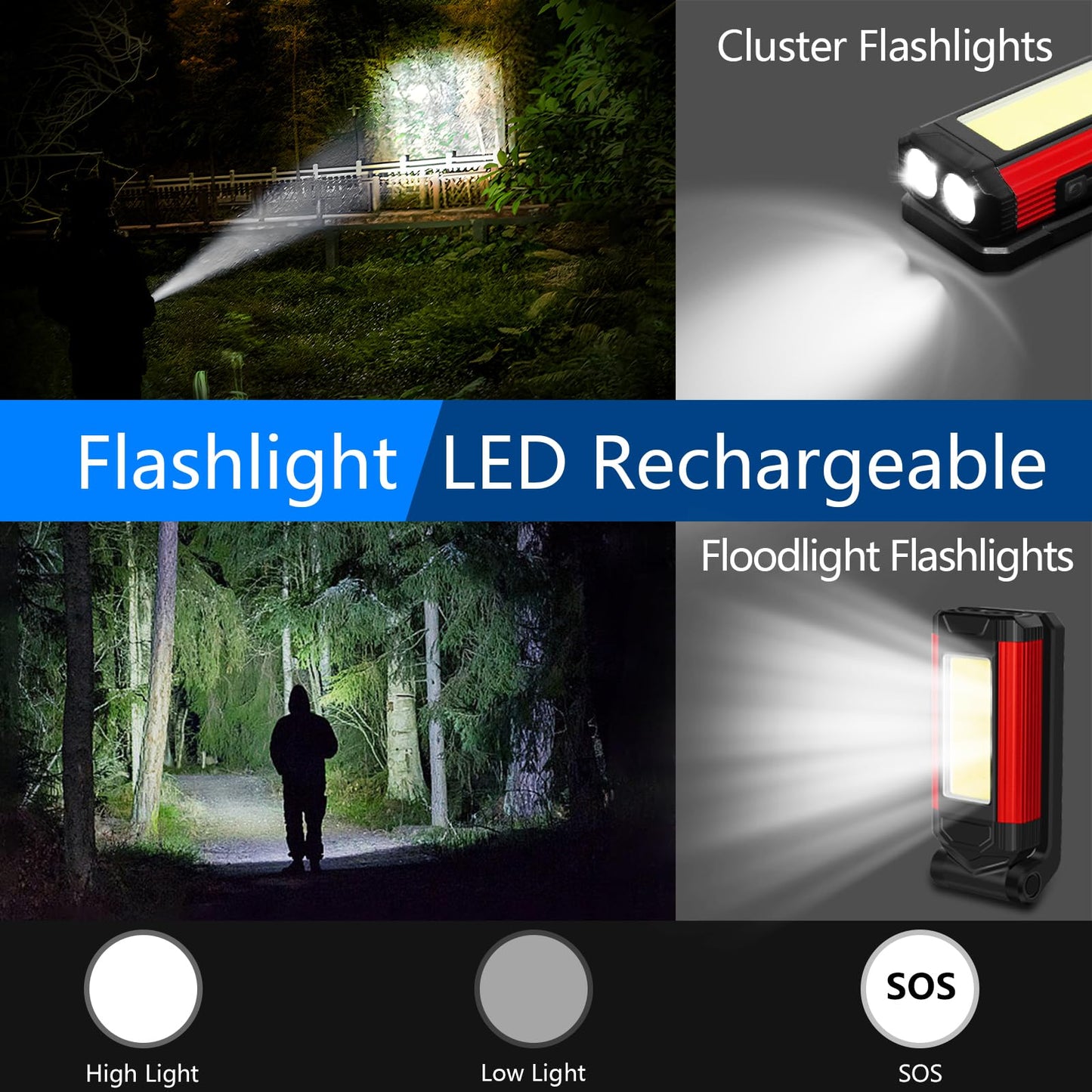 Daphomeu LED Work Light 2 Pack, Ultra Bright COB Work Light & LED Flashlight, Red Emergency Light with Rotatable Magnetic Base, Rechargeable Inspection Lamp for Auto Repairs, Workshop, and Camping.