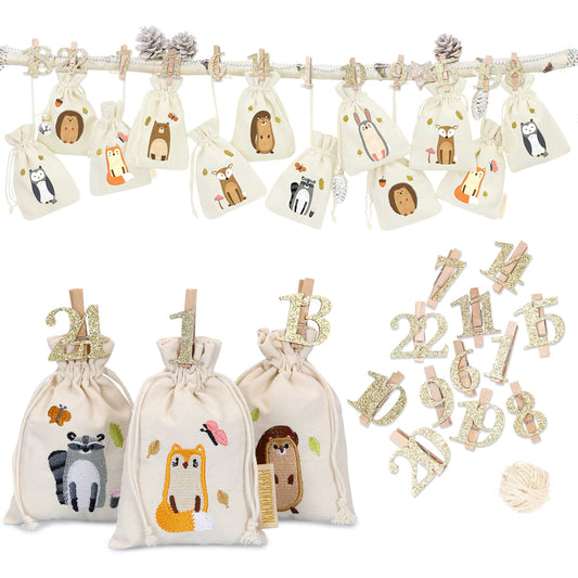 Paper Dragons 24 Advent Calendar Cloth Bags for Filling - with golden wooden numbers - fabric bags for personalizing - gift bags - forest animals embroidered Set No. 27
