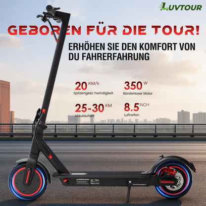 LuvTour E-Scooter with app function, mobile phone holder, and theft protection. Foldable e-scooter, 25-30 km range Li-Ion battery, electric scooter Max. load 120 kg.