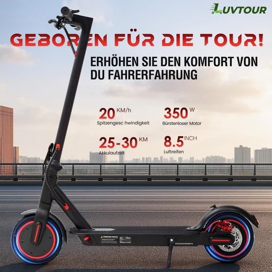 LuvTour E-Scooter with app function, mobile phone holder, and theft protection. Foldable e-scooter, 25-30 km range Li-Ion battery, electric scooter Max. load 120 kg.