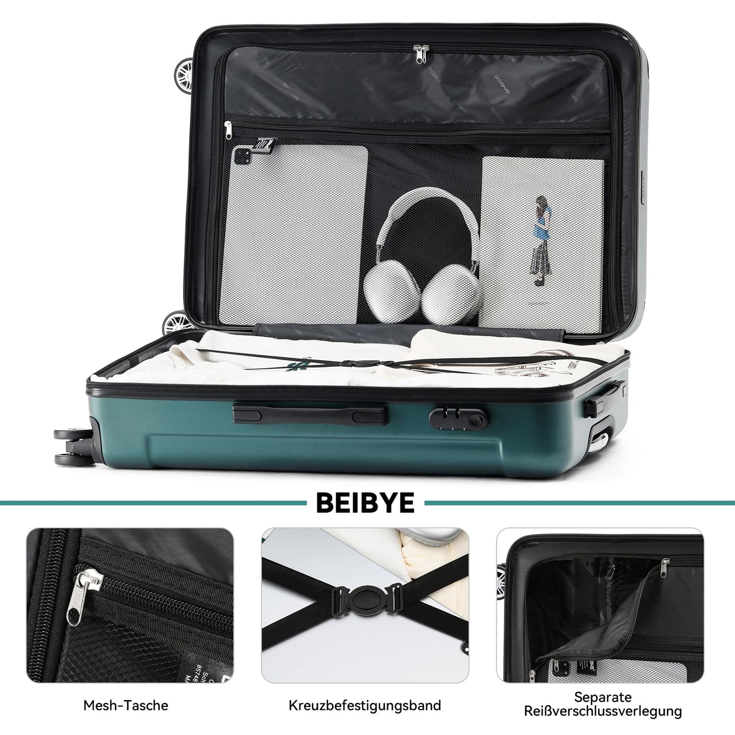 BEIBYE Twin Wheels Hardshell Suitcase Travel Luggage Trolleys in XL-L-M in 14 colors (Dark Green, Medium Suitcase (66cm))