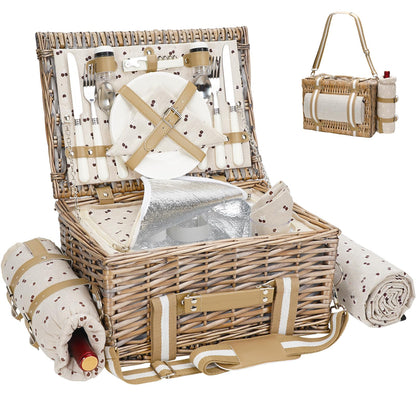 Two-person picnic basket with blanket - willow picnic basket with strap, wine bag, two-person willow picnic set with insulated cooler, willow basket with cutlery set, beige.