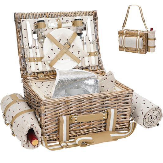 Two-person picnic basket with blanket - willow picnic basket with strap, wine bag, two-person willow picnic set with insulated cooler, willow basket with cutlery set, beige.