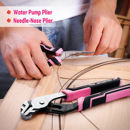 WORKPRO 73-piece Tool Set Pink with small cordless screwdriver, pink metal toolbox filled for household repairs with level, water pump pliers, a gift for mom DIYer.