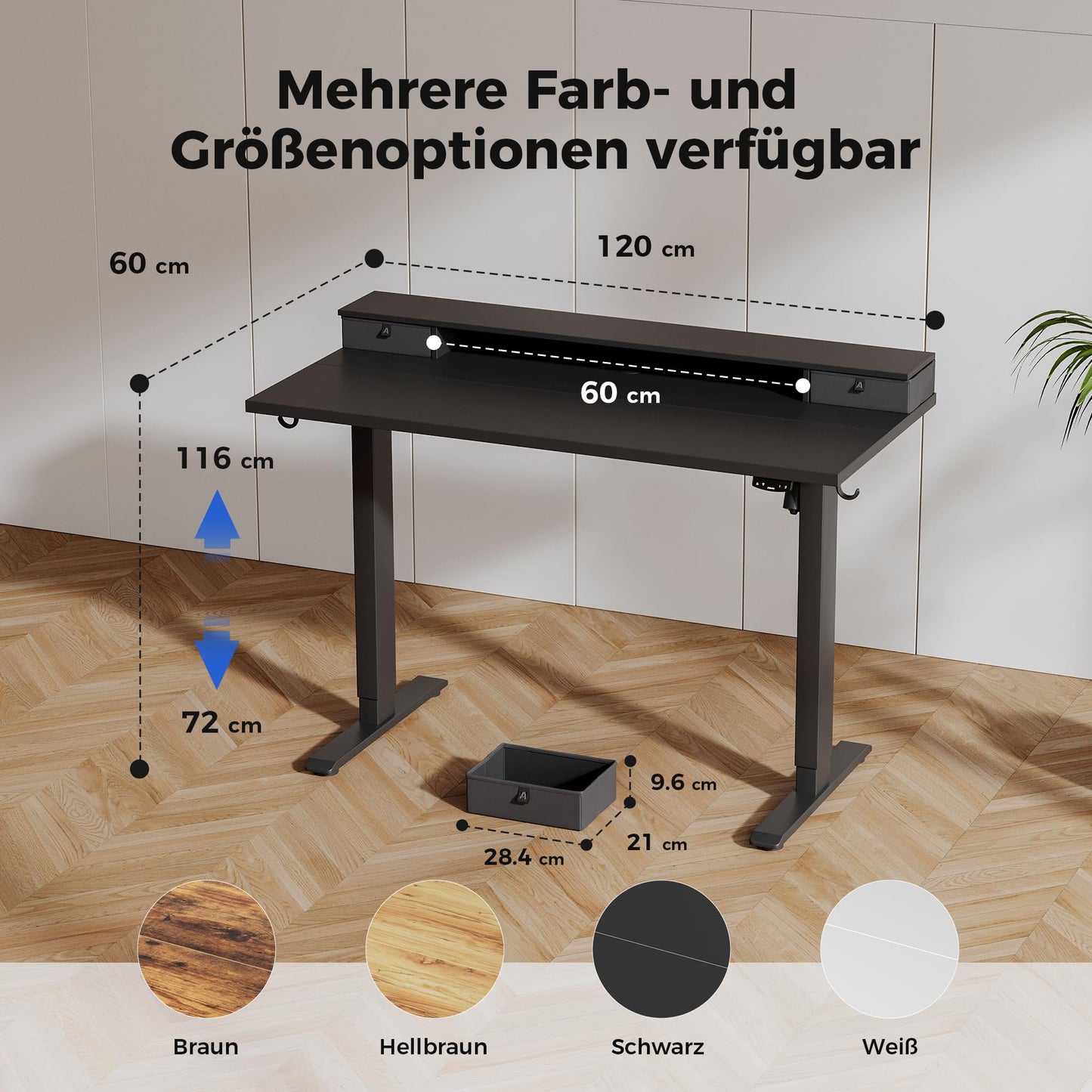 Agilestic height-adjustable desk with 2 drawers, 120 x 60 cm. Stable electrically adjustable desk, ergonomic standing-sitting computer desk, black.