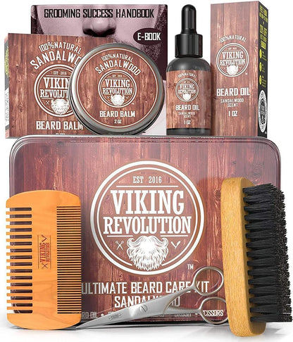 Viking Revolution Beard Care Kit for Men - Ultimate set with 100% boar bristle beard brush, wooden beard comb, beard balm, beard oil, mustache & beard scissors - Gifts For Men - Sandalwood