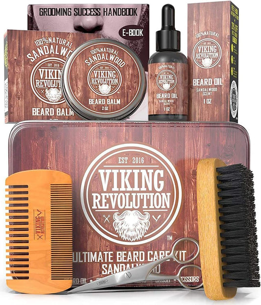 Viking Revolution Beard Care Kit for Men - Ultimate set with 100% boar bristle beard brush, wooden beard comb, beard balm, beard oil, mustache & beard scissors - Gifts For Men - Sandalwood