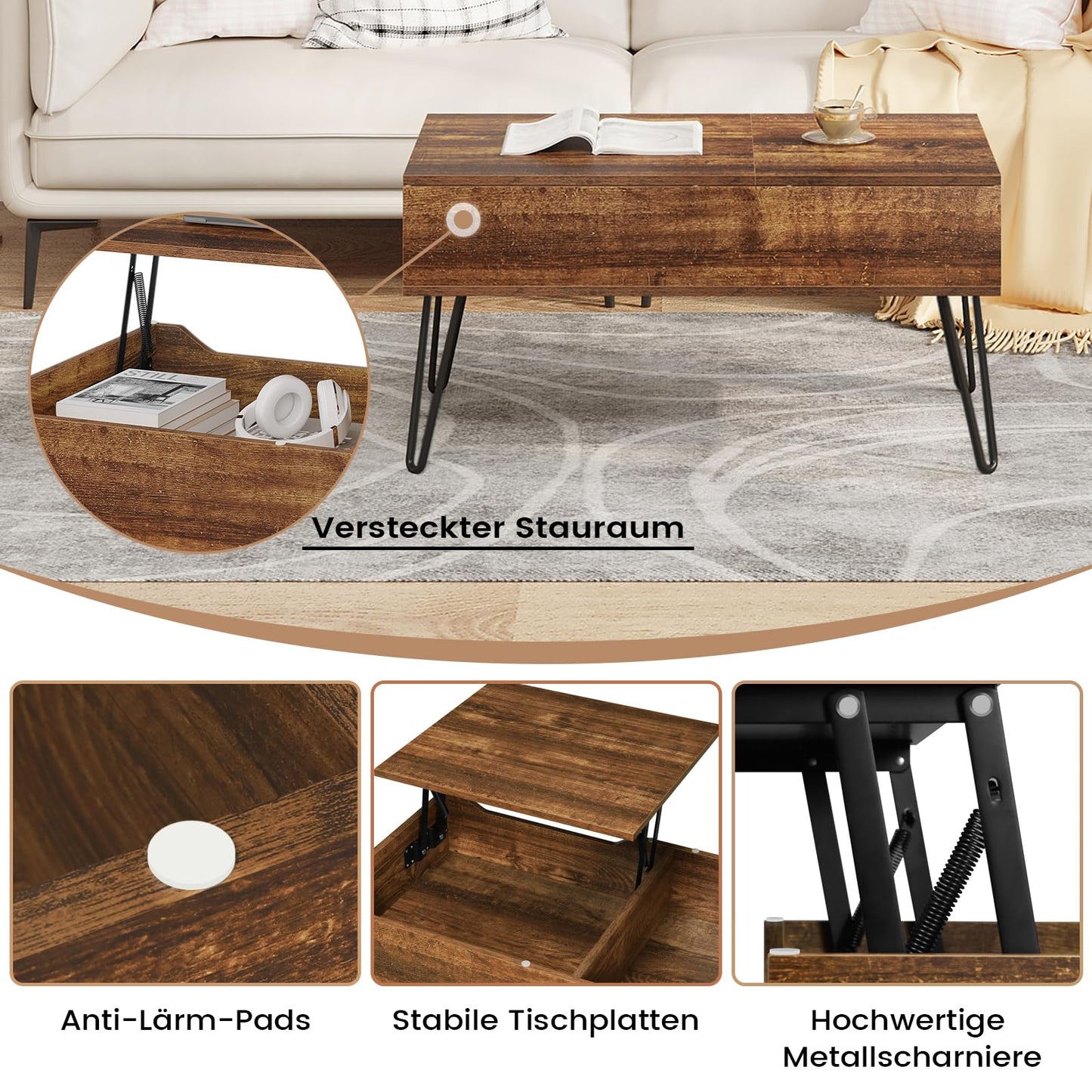 WOLTU coffee table, height-adjustable living room table, extending, retractable coffee table, separate hidden storage compartment, double lifting plate, vintage brown sofa table, wood composite, metal.