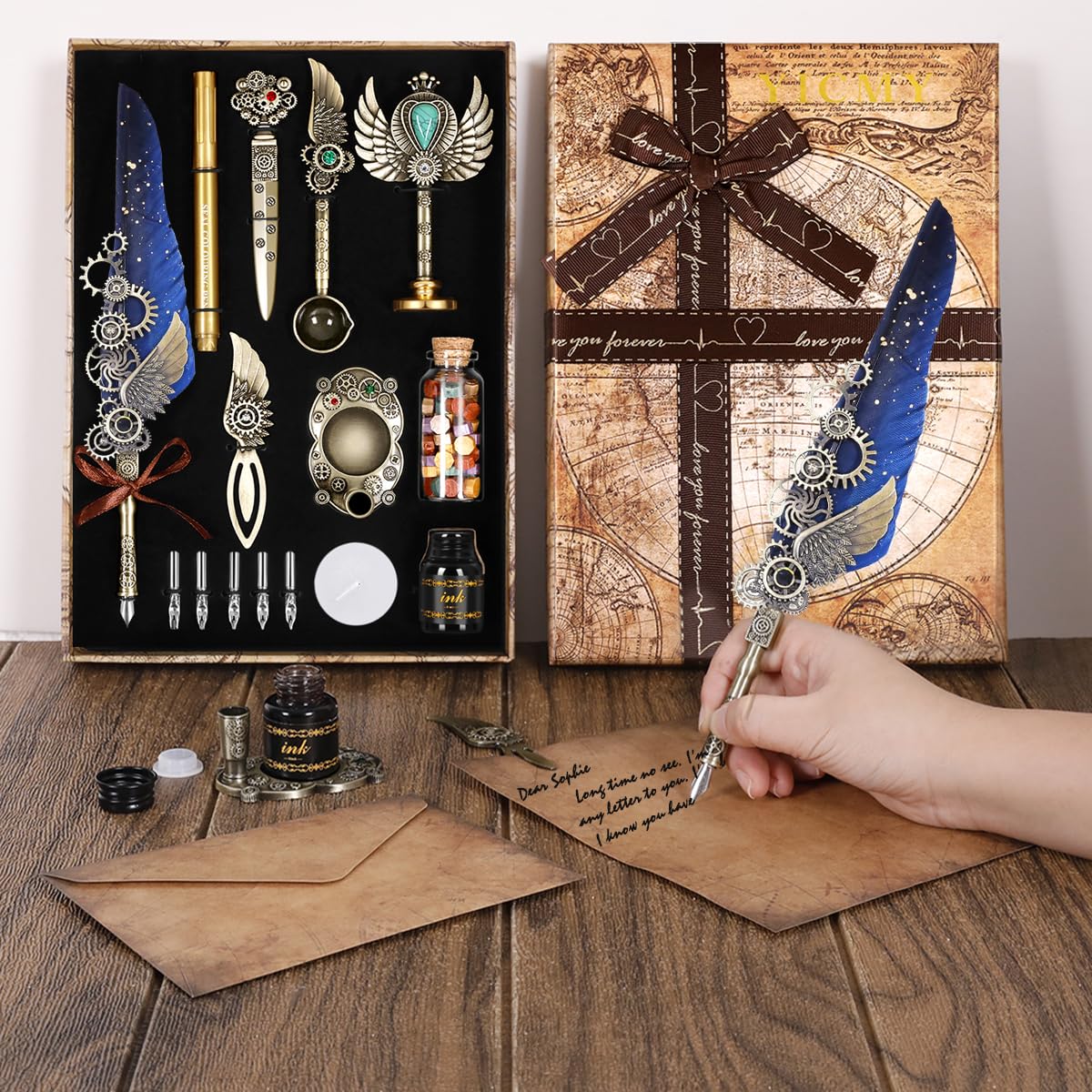 YICMY Calligraphy Set, Calligraphy Pen Set Vintage Quill Pen Ink Set with 8 Stationery, Antique Stationery Gift for Handwriting Lover.