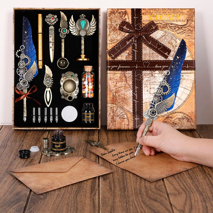 YICMY Calligraphy Set, Calligraphy Pen Set Vintage Quill Pen Ink Set with 8 Stationery, Antique Stationery Gift for Handwriting Lover.