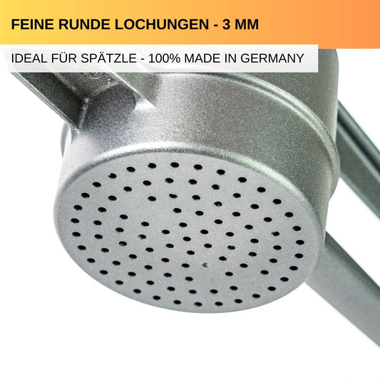 Thiru spaetzle press hole diameter approx. 3mm - test winner 2024 - try risk-free for 60 days - round hole with foam scoop & support lugs - ideal for spaetzle, mashed potatoes, juices - made in Germany.