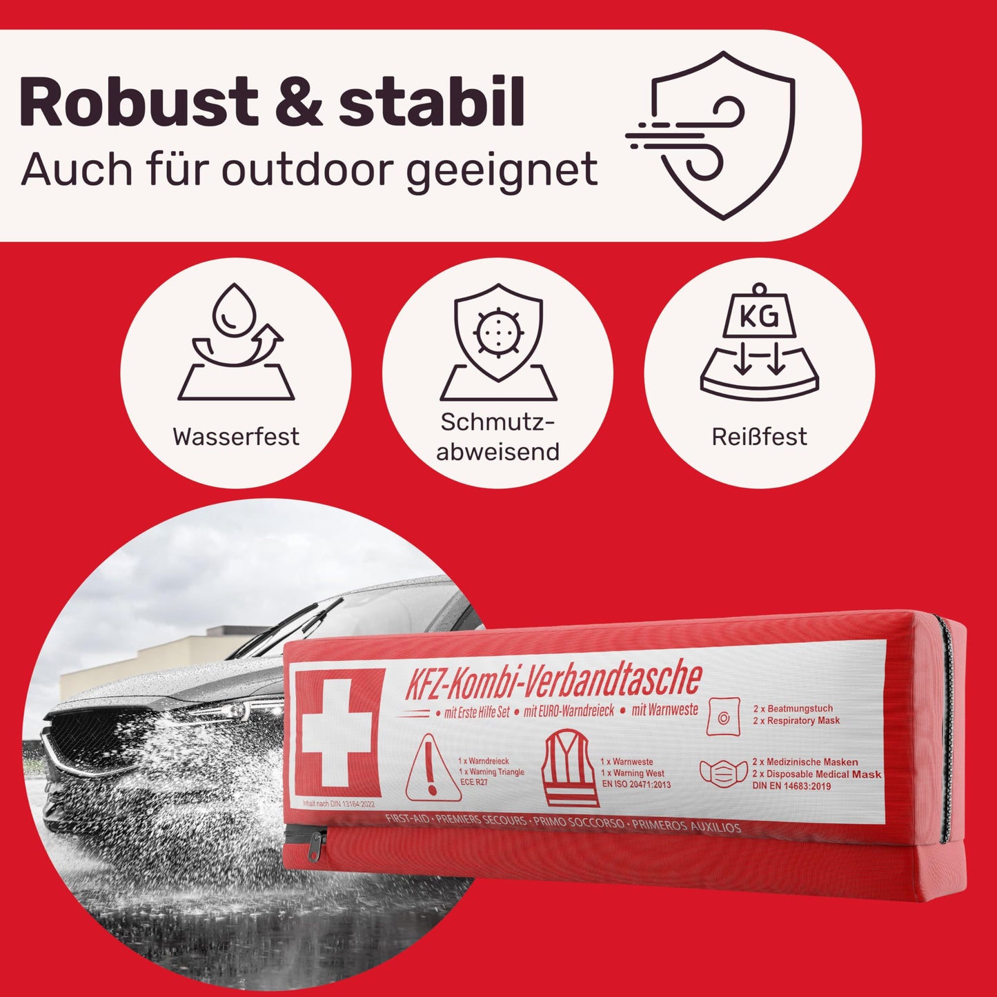 Automobile combination bag (3 in 1) according to current standard 2025 - Including warning triangle, reflective vest, and first aid kit. Warning triangle set FIRST AID KIT Auto DIN 13164:2022 (StVO compliant)