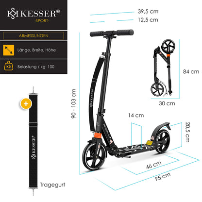 KESSER® City Roller Scooter 205mm Wheels PU Big Wheel - Pro-S Kick Scooter with Dual Suspension, Foldable and Height Adjustable City Scooter, Includes Strap, Kick Scooter for Adults and Kids
