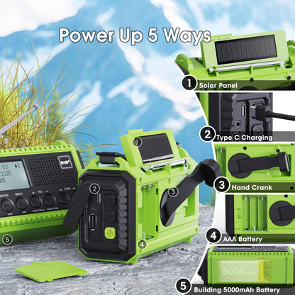 Crank radio DAB/DAB+, emergency radio with 5000mAh rechargeable battery, FM radio, battery radio emergency equipment with LED flashlight & reading light, SOS alarm for camping, emergencies & blackout.