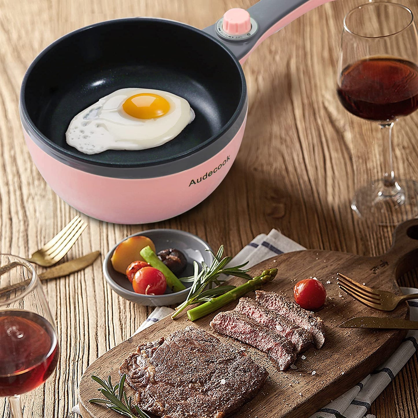 Audecook Electric Hot Pot with Steamer, 1.5 L/20cm Electric Frying Pan Hotpot Pot Non-Stick Mini Electric Skillet, Multicooker for Dorm Ramen, Steak (C (pink/1.5l with steamer))