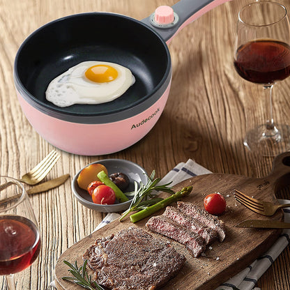 Audecook Electric Hot Pot with Steamer, 1.5 L/20cm Electric Frying Pan Hotpot Pot Non-Stick Mini Electric Skillet, Multicooker for Dorm Ramen, Steak (C (pink/1.5l with steamer))
