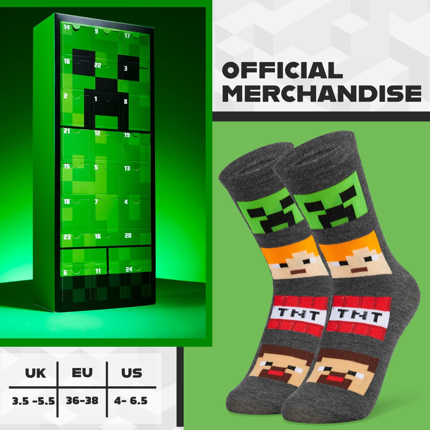 Minecraft Advent Calendar 2025 Children Teenagers Christmas Countdown Calendar Socks with 24 Cool Creeper Socks Gifts for Kids