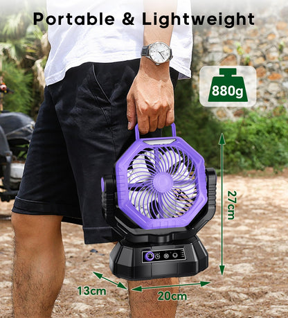 VTHW Camping Fan, 20000mAh Rechargeable Fan with LED Light & Hook, 270° Rotation, Stepless Speed, Timer Mode, USB Desk Fan for Indoor Outdoor (Purple)
