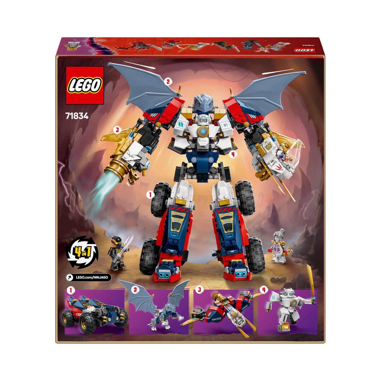 LEGO NINJAGO 4in1 Zane's Ultra Combo Mech - Toy with car model - Convertible into a jet or dragon figure - Includes 6 minifigures - Building toy for boys and girls aged 9+ 71834