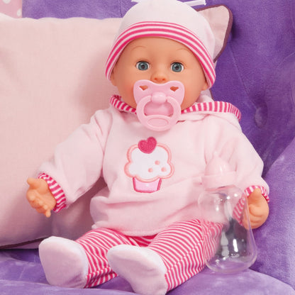 Baby doll First Words with sleeping eyes, speaks 24 baby sounds, comes with pacifier and bottle, 38 cm, pink/stripes.