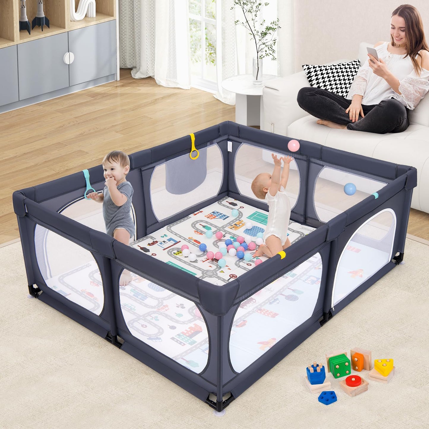 DREAMADE Playpen Baby, 189 x 158 cm Play Yard with Mattress & 4 Pull Rings & 50 Ocean Balls & Carrier Bag, Large Safety Gate for Babies & Toddlers 0-3 Years (with Mattress, Dark Grey)
