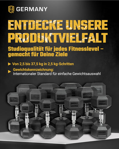 HQ Germany® Hexagon Dumbbells 22.5kg 2 pieces | Odorless, ±1.5% weight tolerance | 22.5kg dumbbell, 22.5kg dumbbell set, short dumbbell, 22.5kg dumbbell set, hexagon dumbbell set