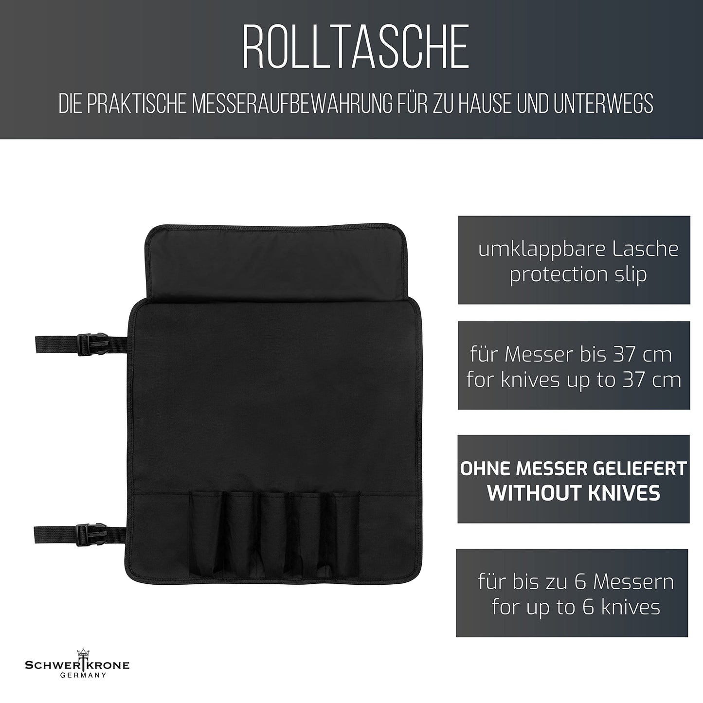 Sword Crown Knife Roll Bag for Butcher Knife Set with 6 Slots, Storage Bag for Knives, Kitchen Tools, Cooking Equipment, and Accessories, Black