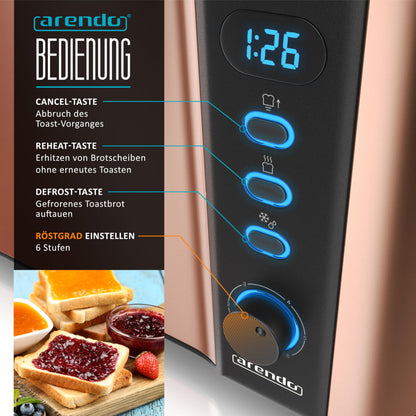 Arendo - Stainless Steel Long Slot 4-Slice Toaster - Defrost Function - Heat-insulating housing - with integrated roll attachment - 1500W - Crumb tray - Display with remaining time display - Copper