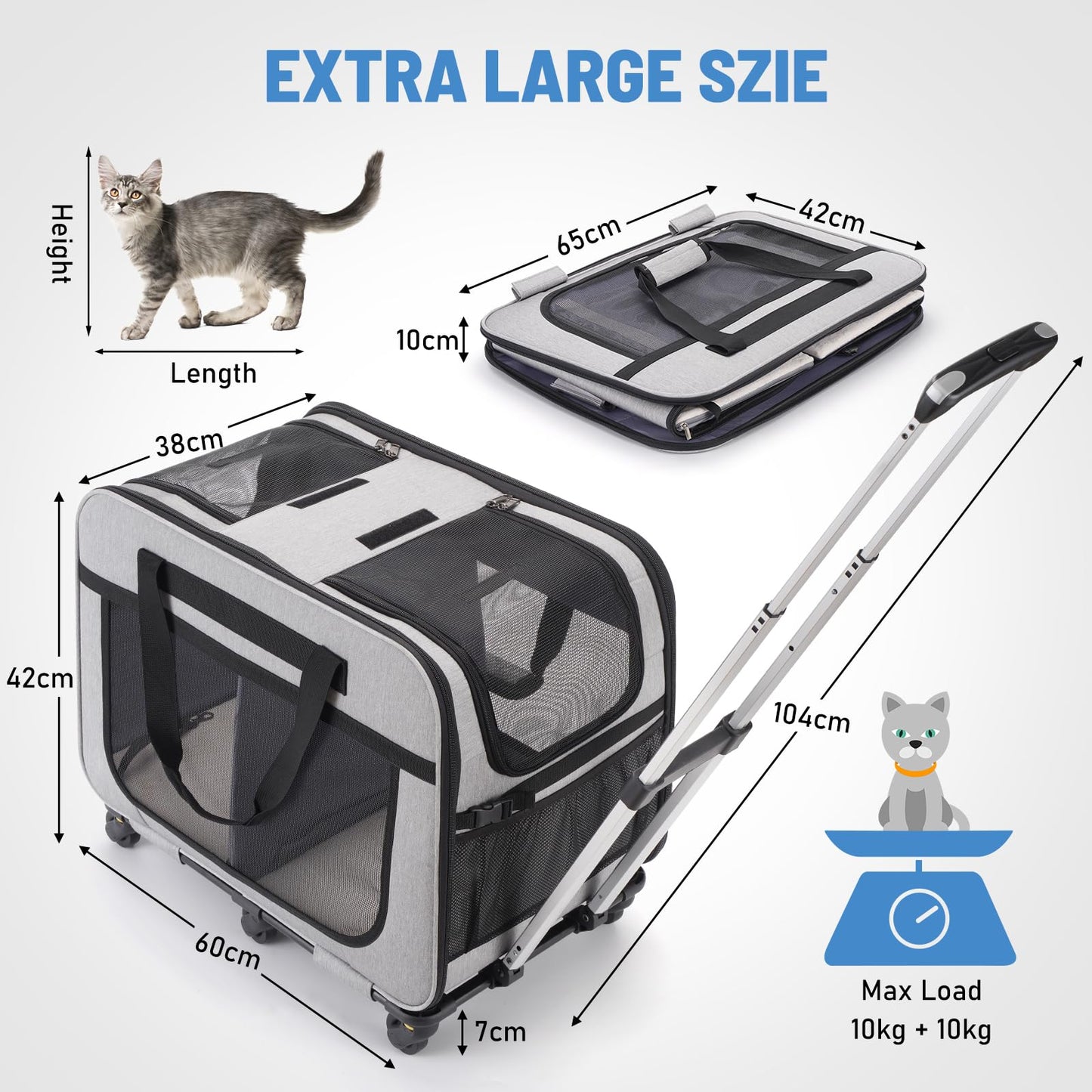 FASNATI Extra Large Cat Carrier for 2 cats up to 20kg, Foldable carriers for 2 cats with wheels, Large cat carrier for walks/camping, Grey.